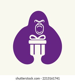 Gorilla Gift Box Logo Negative Space Concept Vector Template. Gorilla Holding Giftbox Symbol