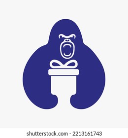 Gorilla Gift Box Logo Negative Space Concept Vector Template. Gorilla Holding Giftbox Symbol