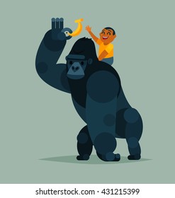 Gorilla gives a banana to the boy, Vector illustration.