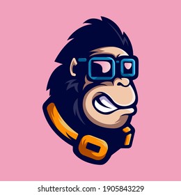 Gorilla with glasses mascot logo design vector. Illustration of primate with headphones