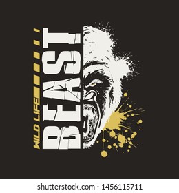 Gorilla Graphic Vector Design T-shirt with paint splashes. Wild Life Beast.