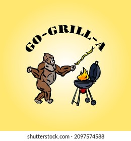 A gorilla grill a skewer of bananas on a barbeque grill for the funny wordplay concept of gorilla and grill. Hand drawn vector illustraiton.