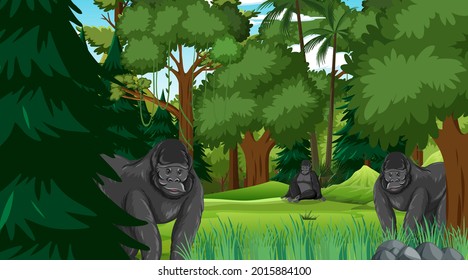 Gorilla Group In Forest Or Rainforest Scene With Many Trees Illustration