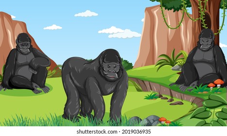 Gorilla Group In Forest Or Rainforest Scene With Many Trees Illustration