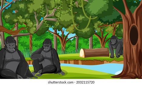 Gorilla Group In Forest Or Rainforest Scene With Many Trees Illustration