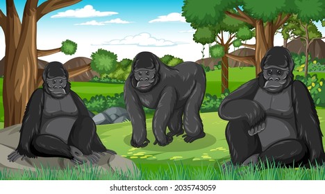 Gorilla Group In Forest Or Rainforest Scene With Many Trees Illustration