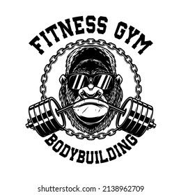 Gorilla with gym barbell in mouth. Design element for logo, emblem, sign, poster, t shirt. Vector illustration