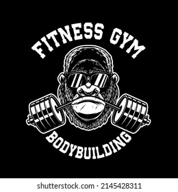 Gorilla with gym barbell in mouth. Design element for logo, emblem, sign, poster, t shirt. Vector illustration