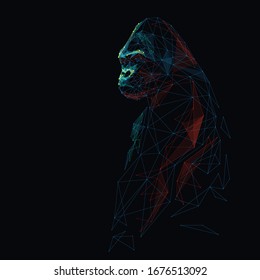 Gorilla. Half side. Low poly wireframe digital vector illustration. Wild and power animal. Biology or nature concept. Polygons, lines, particles and connected dots. Colorful polygonal art.  