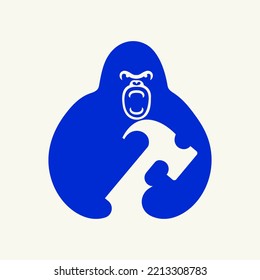 Gorilla Hammer Logo Negative Space Concept Vector Template. Gorilla Holding Hammer Symbol