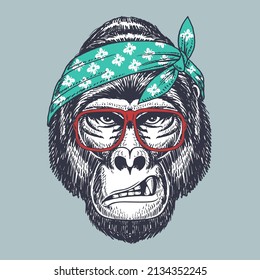 Gorilla dibujada a mano usando gafas rojas y bandana para tu compañía o marca