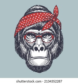 Gorilla handgezeichnet mit einer roten Brille und einem Bandana-Polka-Punkt für Ihr Unternehmen oder Ihre Marke