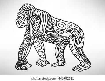 Gorilla. Hand-drawn with ethnic pattern. Coloring page - isolated on a white background. Zendoodle patterns. Vector illustration.