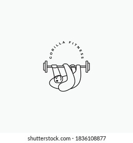 Gorila colgado sobre el concepto de diseño del logotipo del gimnasio de dumbbell. Ilustración del vector objeto aislado en fondo blanco