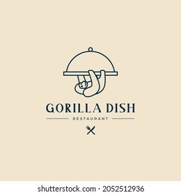 Gorilla hanging on serving dish creative hipster cafe restaurant logo design concept. Vector illustration