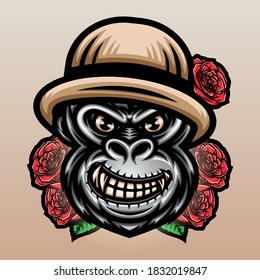 Gorilla with hat rose. Premium vector illustration
