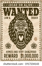 Gorilla head with angry grin wanted poster in vintage style vector illustration