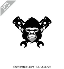 Gorilla head auto repair and custom Garage Vintage style logo. Design element for company logo, label, emblem, sign, apparel or other merchandise. Scalable and editable Vector illustration.
