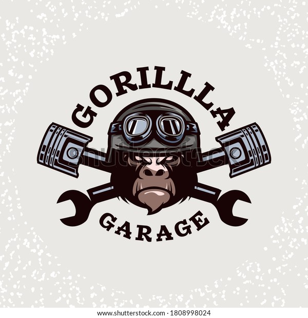 Gorilla head auto\
repair and custom Garage logo. Design element for company logo,\
label, emblem, sign, apparel or other merchandise. Scalable and\
editable Vector\
illustration.