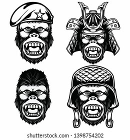 Gorilla head with berets, samurai and helmets vector sets