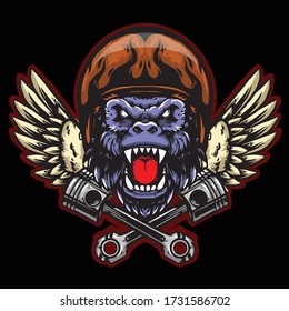 gorilla head biker with helmet wings and piston vector mascot design