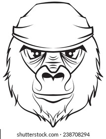 Gorilla head. Black and white drawing. Illustration in vector format