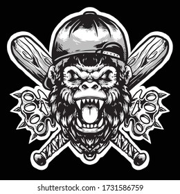 gorilla head gangster with hat and knuckles vector mascot design