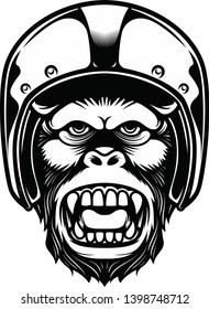 Gorilla Head with Helmet roar Vector In Black and White