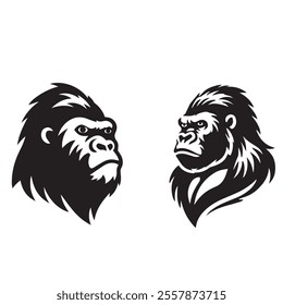 Gorilla head, gorilla icon, logo icon and vector line art and linocut illustration
