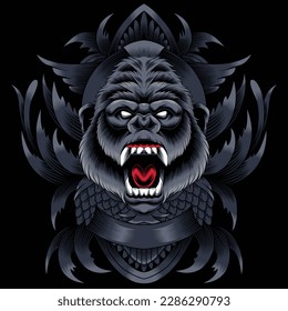 gorilla head illustration with baroque ornament