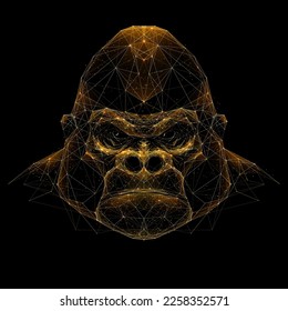 Gorilla Head. Isolated digital illustration. Technology polygonal  monkey portrait. Vector art in gold. Polygon, line and shapes. EPS 10