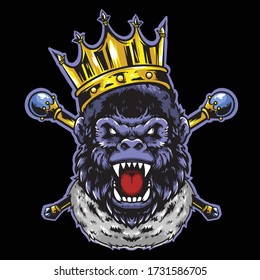 gorilla head king with crown and gold stick vector mascot design