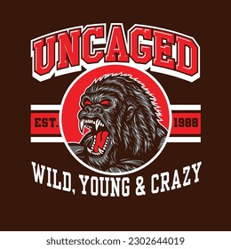 Gorilla Head Mascot Uncaged Wild Young and Crazy Emblem Style Vector Design