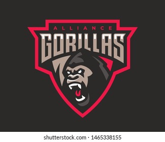 Gorilla head modern logo. Monkey template design emblem for a sport and eSport team.