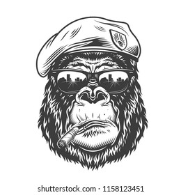 Gorilla head in monochrome style in beret. Vector illustration