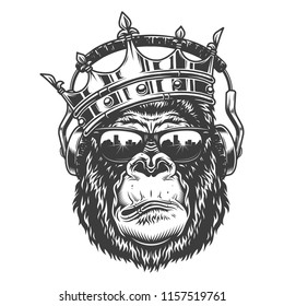 Gorilla head in monochrome style in crown and glasses and headphones. Vector illustration