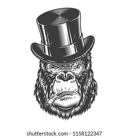 Gorilla head in monochrome style in gentelmen hat. Vector illustration