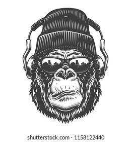 Gorilla head in monochrome style in headphones and beanie. Vector illustration