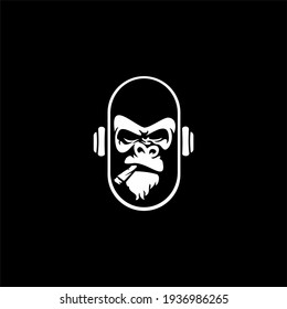 Gorilla head in monochrome style in headphones Vector illustration
