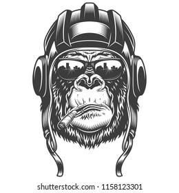 Gorilla head in monochrome style in helmet and glasses. Vector illustration