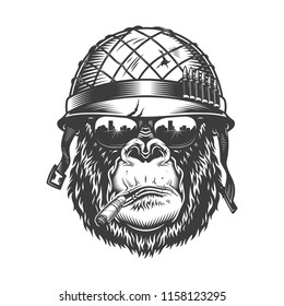 Gorilla head in monochrome style in soldier helmet with sigarette. Vector illustration