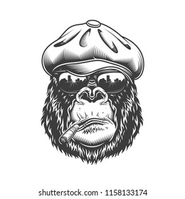 Gorilla head in monochrome style in the tweed hat. Vector illustration