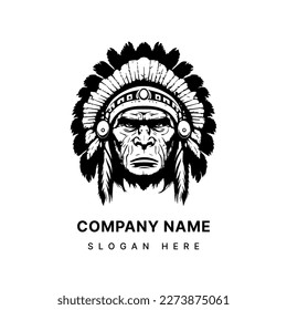 gorilla head with native american indian chief accessories logo hand drawn illustration