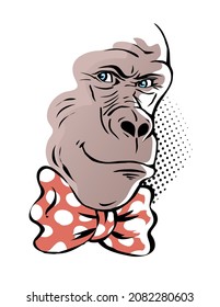 Gorilla head on a white background. A sly smile on his face. There is a bow tie on the neck. Animal primate caricature. Vector black and white isolated sketch. Pop art illustration