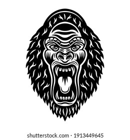 Gorilla head with open mouth vector monochrome illustration isolated on white background