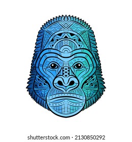 Gorilla head. Portrait of Big Mountain Gorilla isolated on white background. Painted ethnic ornament. Africans design. May be used for design of t-shirt, bag, postcard, poster, banner. Logo. Vector