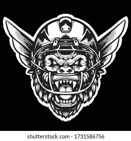 gorilla head rugby with helmet and wings vector mascot design