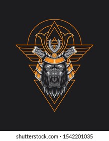 Gorilla head with samurai helmet and geometry design vector illustration