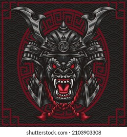 gorilla head with samurai helmet vector illustration. can be used to design t-shirts, posters, etc