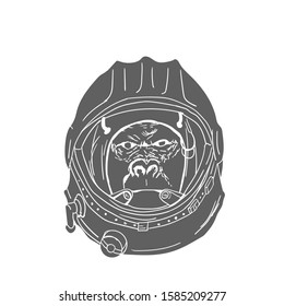 Gorilla Head in Spaceman Helmet Hand Drawn. T-shirt print. Vector illustration